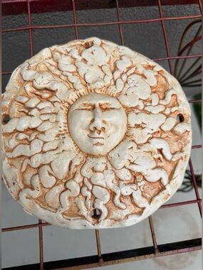 Handmade Ceramic Sun Face Wall Plaque 8” Boho Cottagecore Garden Art Medallion